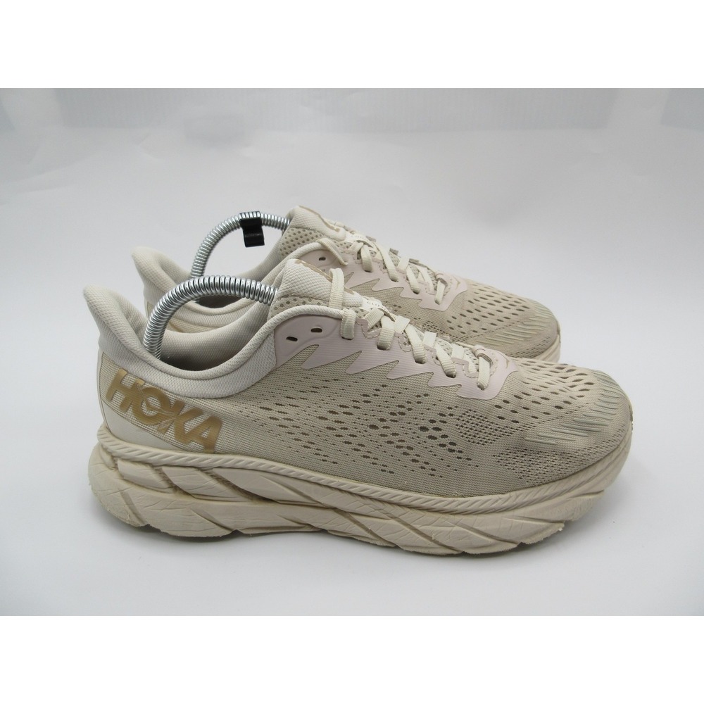 Hoka One One Clifton 7 Wide Shoes Womens Size 9.5 Beige Mesh Running Sneakers